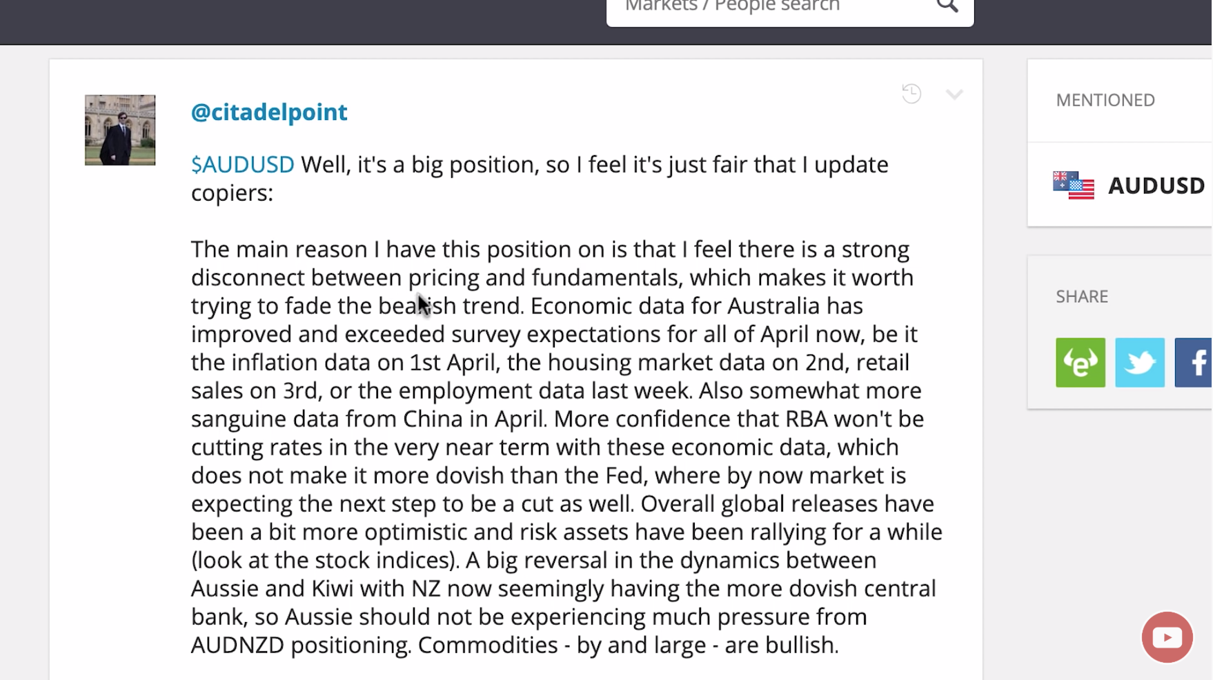 A trader's post about the AUD/USD trade in question