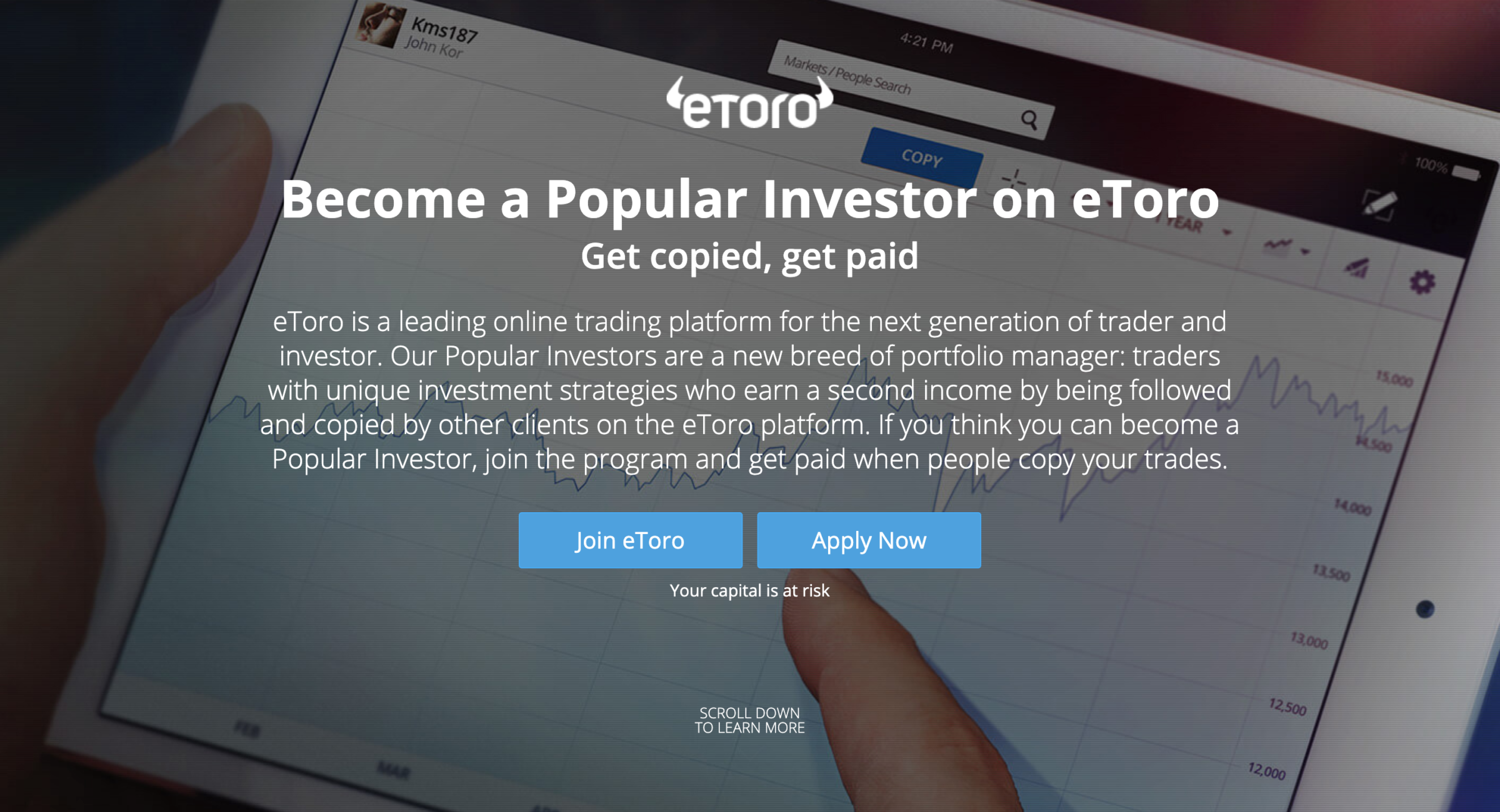 The Signup Section at the top of eToro's Popular Investor page. A button says 'Apply Now'
