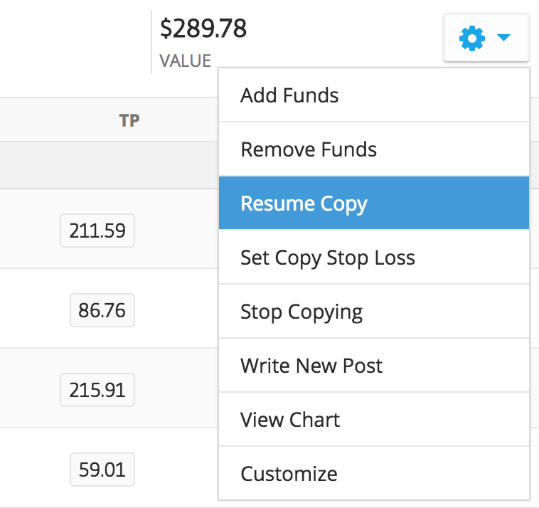 Resume Copy button in the eToro copy trading menu
