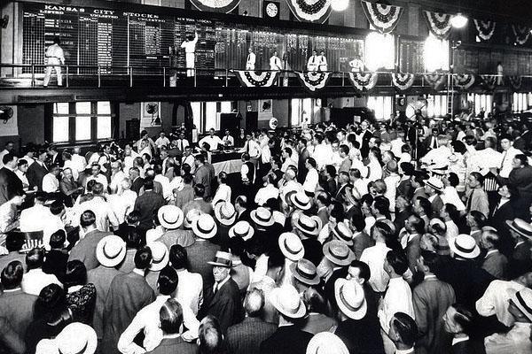 Historical trading exchange floor packed with brokers