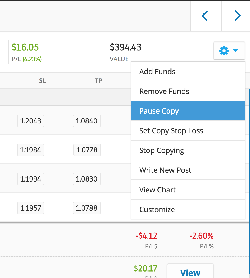 Pause Copy Button on Etoro Social Trading