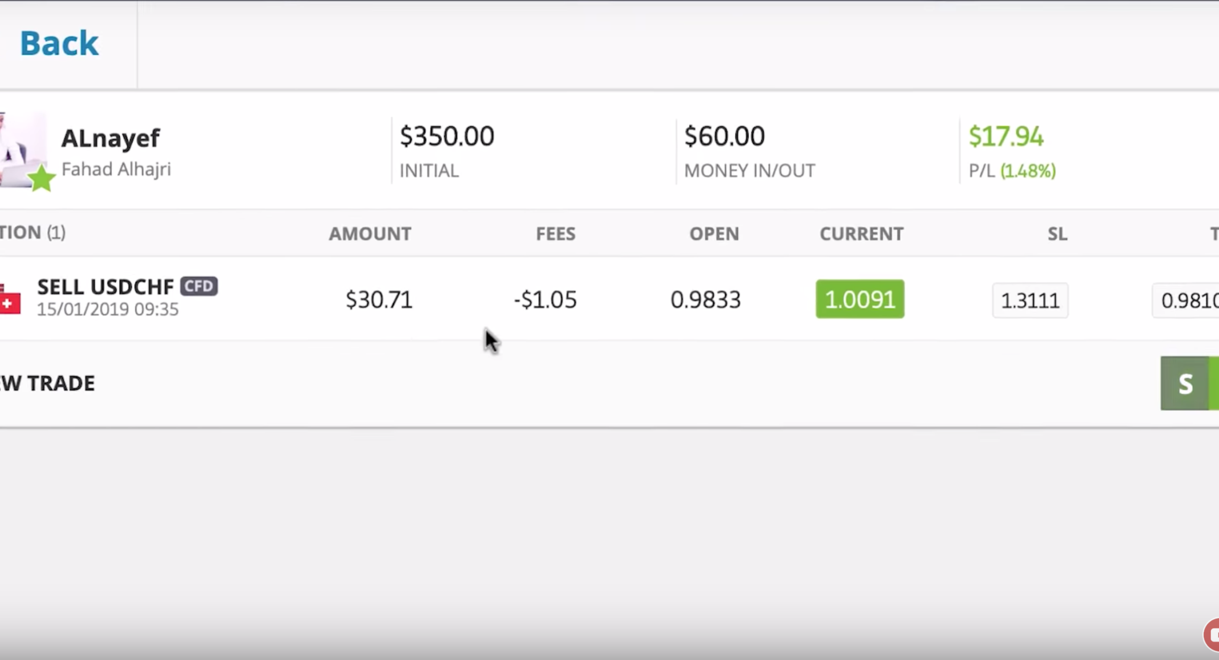 Close up view of the fees on an indivisual trade