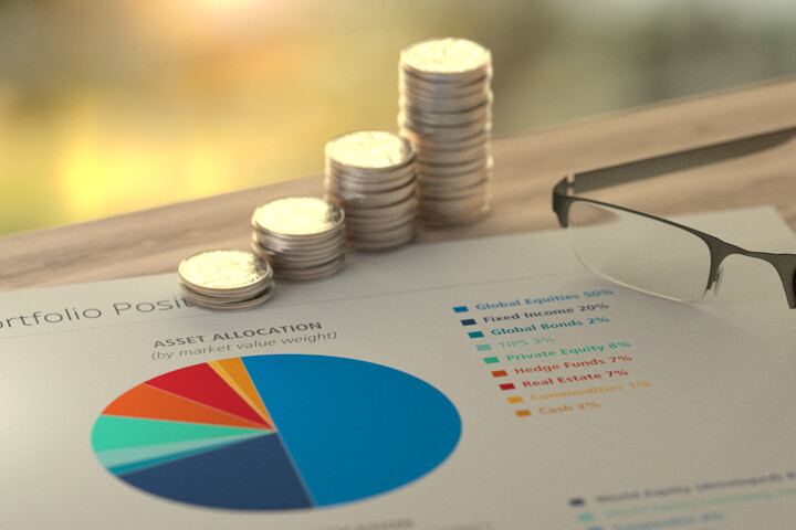 A pie chart showing investments and coins